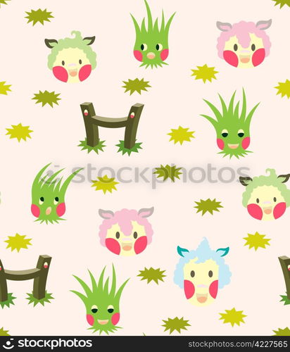 A seamless pattern of cartoons character that found in the farm, lamb, grass, fence, great for kids product.