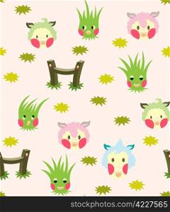 A seamless pattern of cartoons character that found in the farm, lamb, grass, fence, great for kids product.