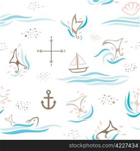 A seamless pattern of decorative whale tails, combining with other objects found mostly in the sea.
