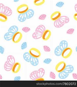 A seamless pattern of rings with butterfly wings and seashells.