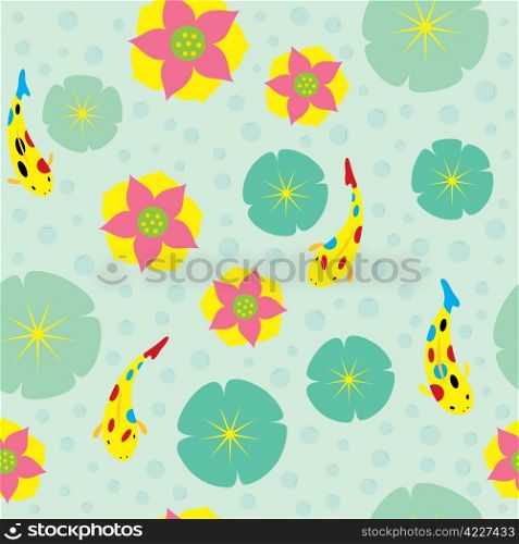 A seamless pattern of swimming koi fishes with blooming waterlily and leaves from top view.