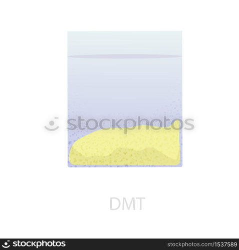 A serving of yellow DMT in a bag. The illustration of the psychedelic drug DMT, which causes hallucinations, is vivid. colorful visions of shamans. Vector graphics. A serving of yellow DMT in a bag. The illustration of the psychedelic drug