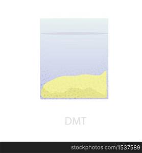 A serving of yellow DMT in a bag. The illustration of the psychedelic drug DMT, which causes hallucinations, is vivid. colorful visions of shamans. Vector graphics. A serving of yellow DMT in a bag. The illustration of the psychedelic drug