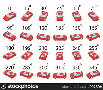 A set of 24 sports cars from different angles. Animation of the rotation of a sports car by 15 degrees.