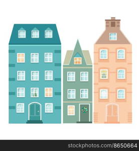 A set of 3 cartoon facades of houses. Colorful flat isolated illustrations. A row of colored houses, vector illustration.. A set of 3 cartoon facades of houses. Colorful flat isolated illustrations. A row of colored houses, vector illustration