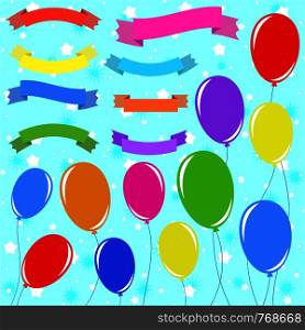 A set of 8 flat colored insulated banner ribbons and 11 balloons on ropes. On a blue background with stars. Suitable for design.