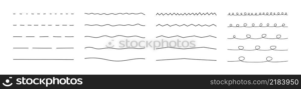 A set of artistic brushes for pen and wavy horizontal lines. A set of hand-drawn markers isolated on a white background. Doodle style. Vector. A set of artistic brushes for pen and wavy horizontal lines. A set of hand-drawn markers isolated on a white background. Doodle style. Vector illustration