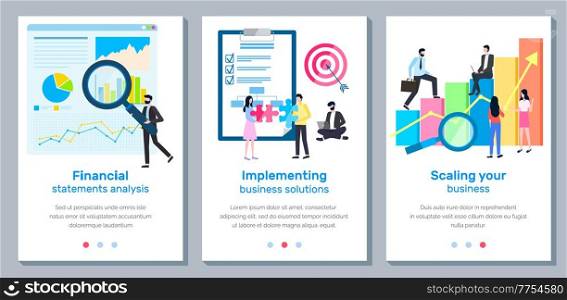 A set of banners Scaling your business landing page template, financial statements analysis, implementing business solutions. Group of specialists develops a growth plan concept with businesspeople. Set of banners Scaling your business, financial statements analysis, implementing business solutions