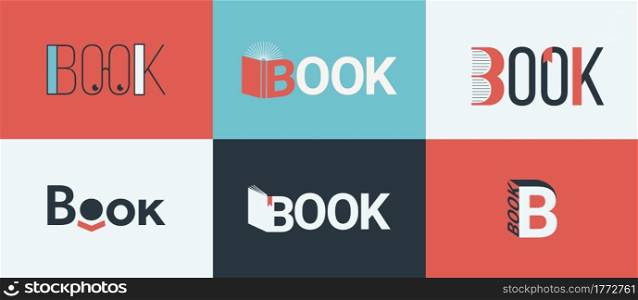 A set of book logos, bookstore logo concepts. Symbol of knowledge, learning and education for libraries, bookstores in flat design style. Bookshop logotypes with books. Vector illustration.. A set of book logos, bookstore logo concepts.