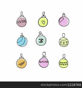 A set of bright Christmas balls, decorations and toys for the new year 2021 and Christmas. Attributes and symbols of the new year’s holiday, party fun. Vector multicolored Doodle illustration..