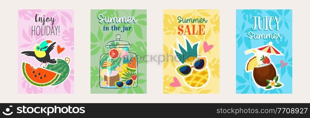 A set of bright summer posters. A collection of illustrations with a colorful summer mood. Enjoy your vacation with a cheerful toucan on a pink background, a summer sale with a pineapple in sunglasses on a yellow background, a juicy summer with a coconut cocktail on a blue background, a summer in a jar on a green background.. A set of summer bright, colorful, vector posters.