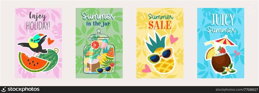 A set of bright summer posters. A collection of illustrations with a colorful summer mood. Enjoy your vacation with a cheerful toucan on a pink background, a summer sale with a pineapple in sunglasses on a yellow background, a juicy summer with a coconut cocktail on a blue background, a summer in a jar on a green background.. A set of summer bright, colorful, vector posters.