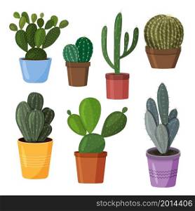 A set of cacti in pots. Vector image in a flat style. A colorful collection of indoor cacti.