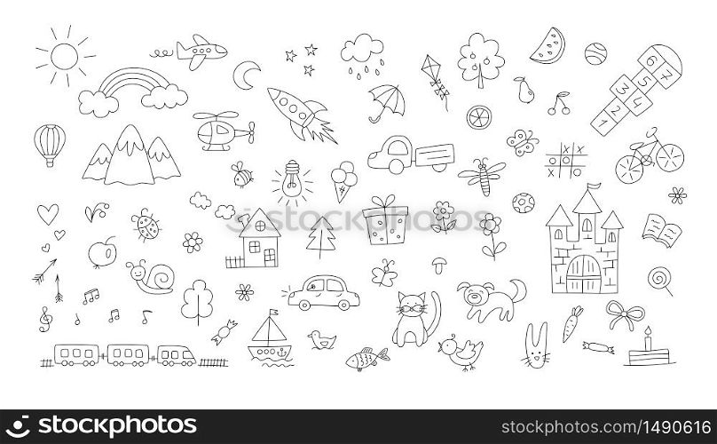 A set of children drawings. Kid doodle. Sun and rainbow over the mountains, knight castle, the boat on the waves and other objects. Vector illustration. A set of children drawings. Kid doodle. Sun and rainbow over the mountains, knight castle and other objects. Vector
