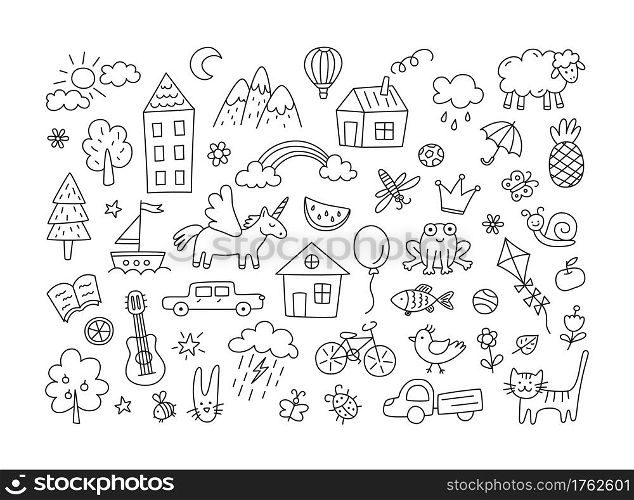 A set of children drawings. Kid doodle. Sun in the clouds, summer flowers and trees, painted houses, cute cat and other black white elements. Vector illustration on white background. Editable stroke. A set of children drawings. Kid doodle. Sun in the clouds, summer flowers, painted houses, cute cat and other black and white elements. Vector illustration