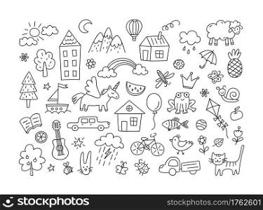 A set of children drawings. Kid doodle. Sun in the clouds, summer flowers and trees, painted houses, cute cat and other black white elements. Vector illustration on white background. Editable stroke. A set of children drawings. Kid doodle. Sun in the clouds, summer flowers, painted houses, cute cat and other black and white elements. Vector illustration
