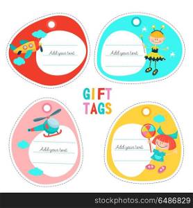 A set of childrens toys. Vector illustration. A set of tags, labels. Childrens toys. Airplane, helicopter, girl in the bee outfit, a girl with a Lollipop.
