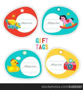 A set of childrens toys. Vector illustration. A set of tags, labels with childrens toys. Vector clipart. rocking horse rocking, car, mixer, duck, camera.