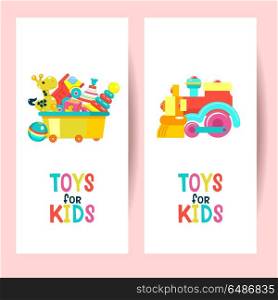 A set of childrens toys. Vector illustration. Postcards, flyers with childrens toys. Vector illustration. Box with toys. Colorful locomotive.