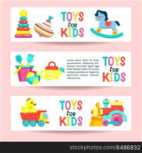 A set of childrens toys. Vector illustration. Set of banners with place for text. Colorful childrens toys. Vector clipart. Pyramid, rocking horse, locomotive, truck, bucket with a shovel.