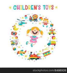 A set of childrens toys. Vector illustration. Set of cliparts baby toy oriented in a circle. Vector cartoon illustration. Isolated on a white background. Funny girl happy and jumping for joy.