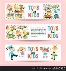 A set of childrens toys. Vector illustration. Set of three banners with place for text. Children&rsquo;s toys. Boy and girls in carnival costumes.