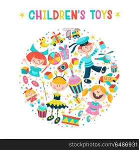 A set of childrens toys. Vector illustration. Vector illustration with children and childrens toys oriented in a circle. Big collection of cliparts cartoon toys. Isolated on a white background.