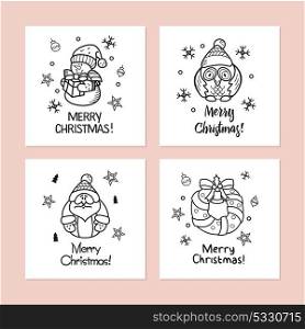 A set of Christmas cards drawn by hand. Happy new year! Merry Christmas! Cute Christmas pictures for your greeting.