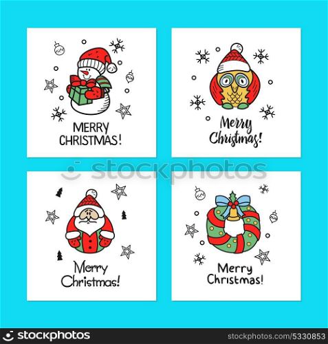 A set of Christmas cards drawn by hand. Happy new year! Merry Christmas! Cute Christmas pictures for your greeting.