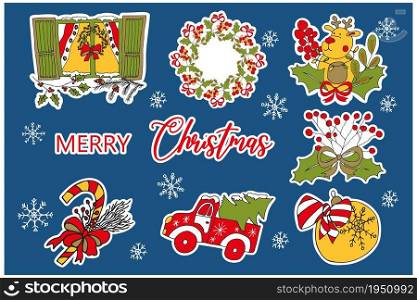 A set of Christmas stickers. A collection of colorful hand-drawn doodle-style illustrations. Christmas card on colorful background. Doodle icon.