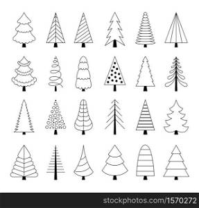 A set of Christmas trees in a simple outline style. Stylized elements for New Year and Christmas. Festive celebration. Greeting card, wrapping paper. Isolated vector illustration on white background.