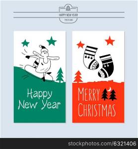 A set of Christmas vector greeting cards. Jolly Santa snowboarder. Christmas socks.