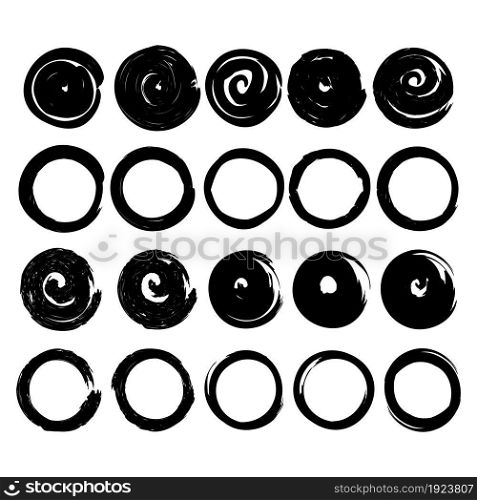 A set of circular brush strokes of black color on a white background. Textured abstract grunge circles. Grunge background. Modern abstract art. Vector design banner. Modern hand drawn background.. A set of circular brush strokes of black color