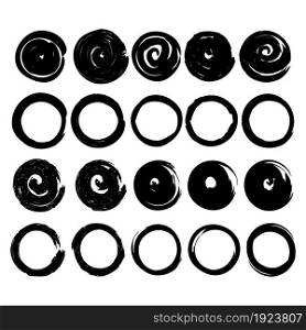 A set of circular brush strokes of black color on a white background. Textured abstract grunge circles. Grunge background. Modern abstract art. Vector design banner. Modern hand drawn background.. A set of circular brush strokes of black color