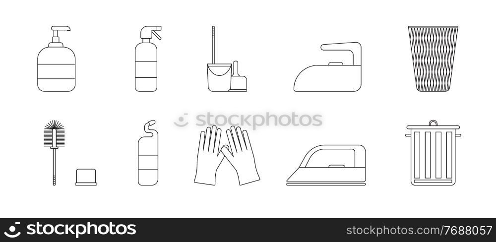 A set of cleaning equipment - buckets, brushes, gels, gloves. Black and white icon. Vector Illustration. EPS10. A set of cleaning equipment - buckets, brushes, gels, gloves. Black and white icon. Vector Illustration