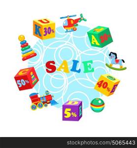 A set of colored blocks and children's toys. Sale. Vector illustration.