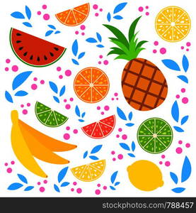 A set of colored insulated delicious fruits on a white background. Bright tropical food. Lime, lemon, grapefruit, orange, pineapple, banana, watermelon. Simple flat vector illustration. A set of colored insulated delicious fruits on a white background. Bright tropical food. Lime, lemon, grapefruit, orange, pineapple, banana, watermelon. Simple flat vector illustration.