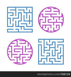 A set of colored labyrinths for children. A square, round maze. Simple flat vector illustration isolated on white background. A set of colored labyrinths for children. A square, round maze. Simple flat vector illustration isolated on white background.