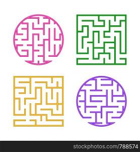 A set of colored labyrinths for children. A square, round maze. Simple flat vector illustration isolated on white background. A set of colored labyrinths for children. A square, round maze. Simple flat vector illustration isolated on white background.