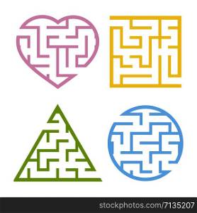 A set of colored light mazes. Circle, square, triangle, heart. Game for kids. Puzzle for children. One entrances, one exit. Labyrinth conundrum. Flat vector illustration isolated on white background. A set of colored light mazes. Circle, square, triangle, heart. Game for kids. Puzzle for children. One entrances, one exit. Labyrinth conundrum. Flat vector illustration isolated on white background.