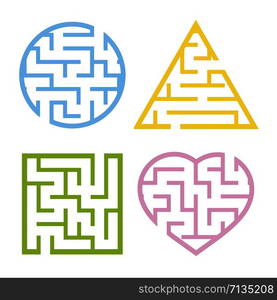 A set of colored light mazes. Circle, square, triangle, heart. Game for kids. Puzzle for children. One entrances, one exit. Labyrinth conundrum. Flat vector illustration isolated on white background. A set of colored light mazes. Circle, square, triangle, heart. Game for kids. Puzzle for children. One entrances, one exit. Labyrinth conundrum. Flat vector illustration isolated on white background.