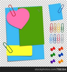 A set of colored office sticky sheets of different shapes, buttons and clips. A simple flat vector illustration isolated on a transparent background.