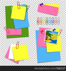 A set of colored sheets of different sizes and office clips. Lovely cartoon style. Simple flat vector illustration isolated on white background.