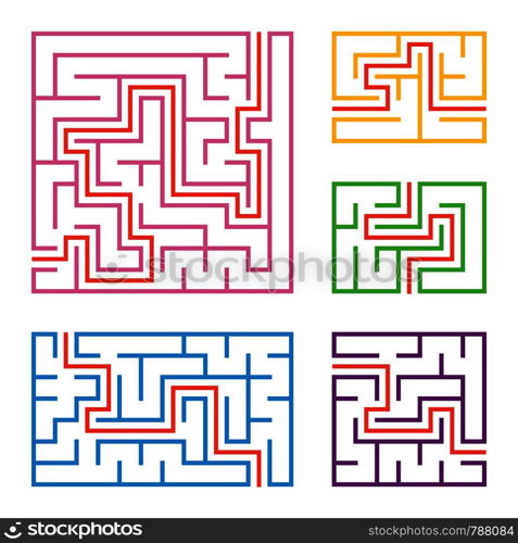 A set of colored square and rectangular labyrinths with entrance and exit. Simple flat vector illustration isolated on white background. With the answer. A set of colored square and rectangular labyrinths with entrance and exit. Simple flat vector illustration isolated on white background. With the answer.