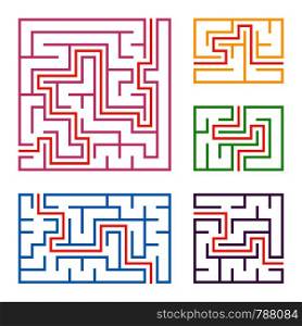 A set of colored square and rectangular labyrinths with entrance and exit. Simple flat vector illustration isolated on white background. With the answer. A set of colored square and rectangular labyrinths with entrance and exit. Simple flat vector illustration isolated on white background. With the answer.