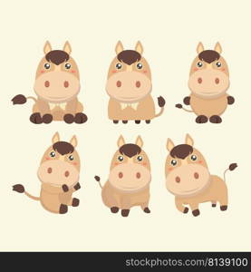 A set of cute brown cartoon horses. 