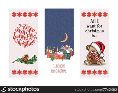 A set of cute Christmas illustrations. Christmas night landscape. Teddy bear with a lollipop cane.. A set of cute Christmas illustrations.