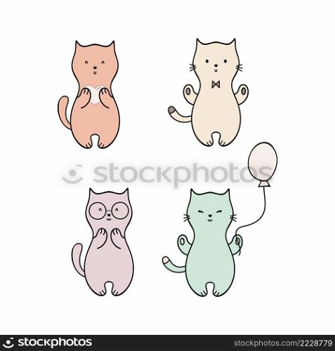 A set of cute Doodle kittens isolated on a white background. Cat, Cat and kitten. Cat and kitten, vector flat cartoon Doodle illustration for baby, children. Collection of kittens for cover design