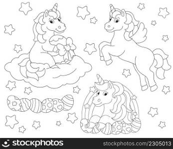 A set of cute festive Easter unicorns. Coloring book page for kids. Cartoon style character. Vector illustration isolated on white background.