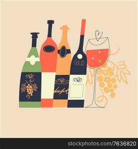 A set of different colored wine bottles and a glass of red wine. Wine festival. Vector illustration in a flat hand drawn style.. A set of different colored wine bottles and a glass of wine. Wine festival. Vector illustration.